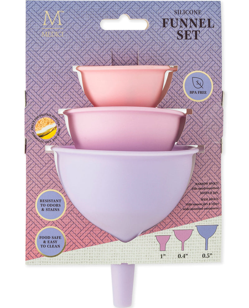 A 3-piece silicone funnel set in pastel pink, light purple, and lavender, packaged on a purple and beige patterned retail card with product details and size markings.