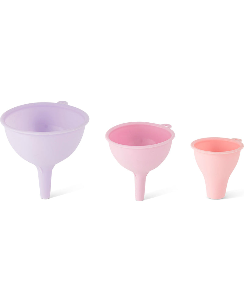 Three silicone funnel spill-proof cups in lavender, light pink, and peach, arranged by size on a white background.