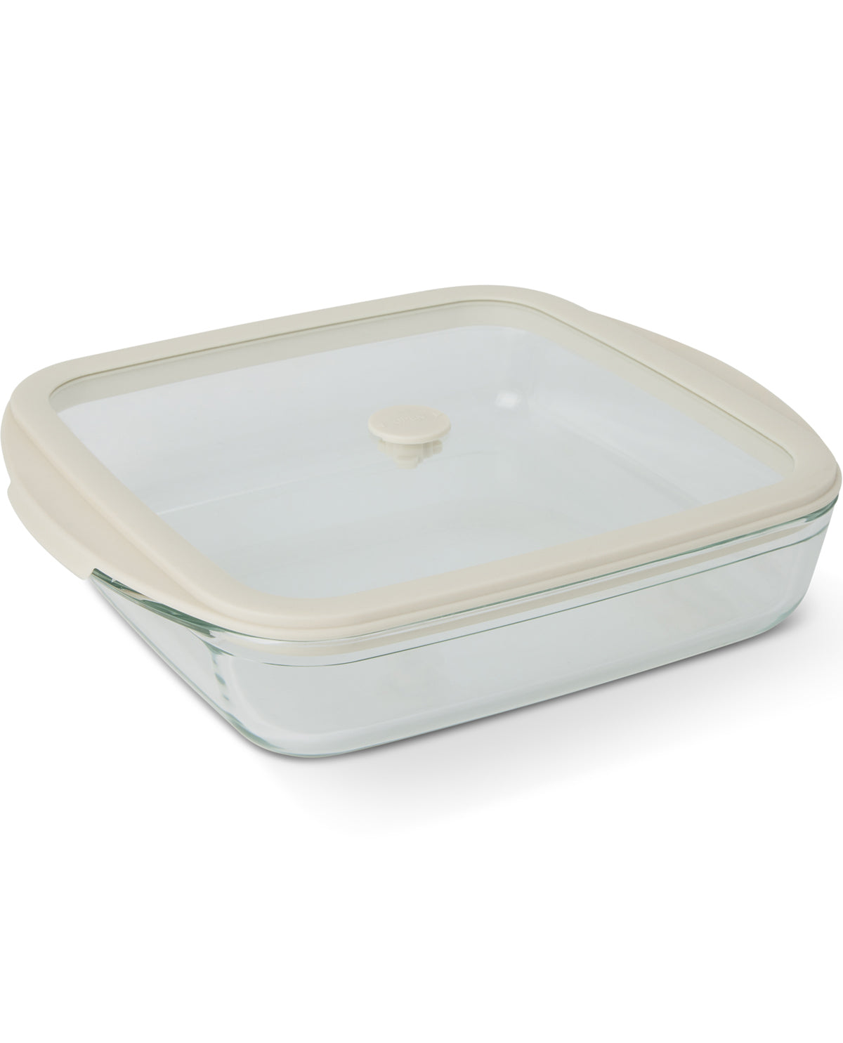 A rectangular glass storage container with a clear lid and a beige silicone seal, shown on a plain white background.