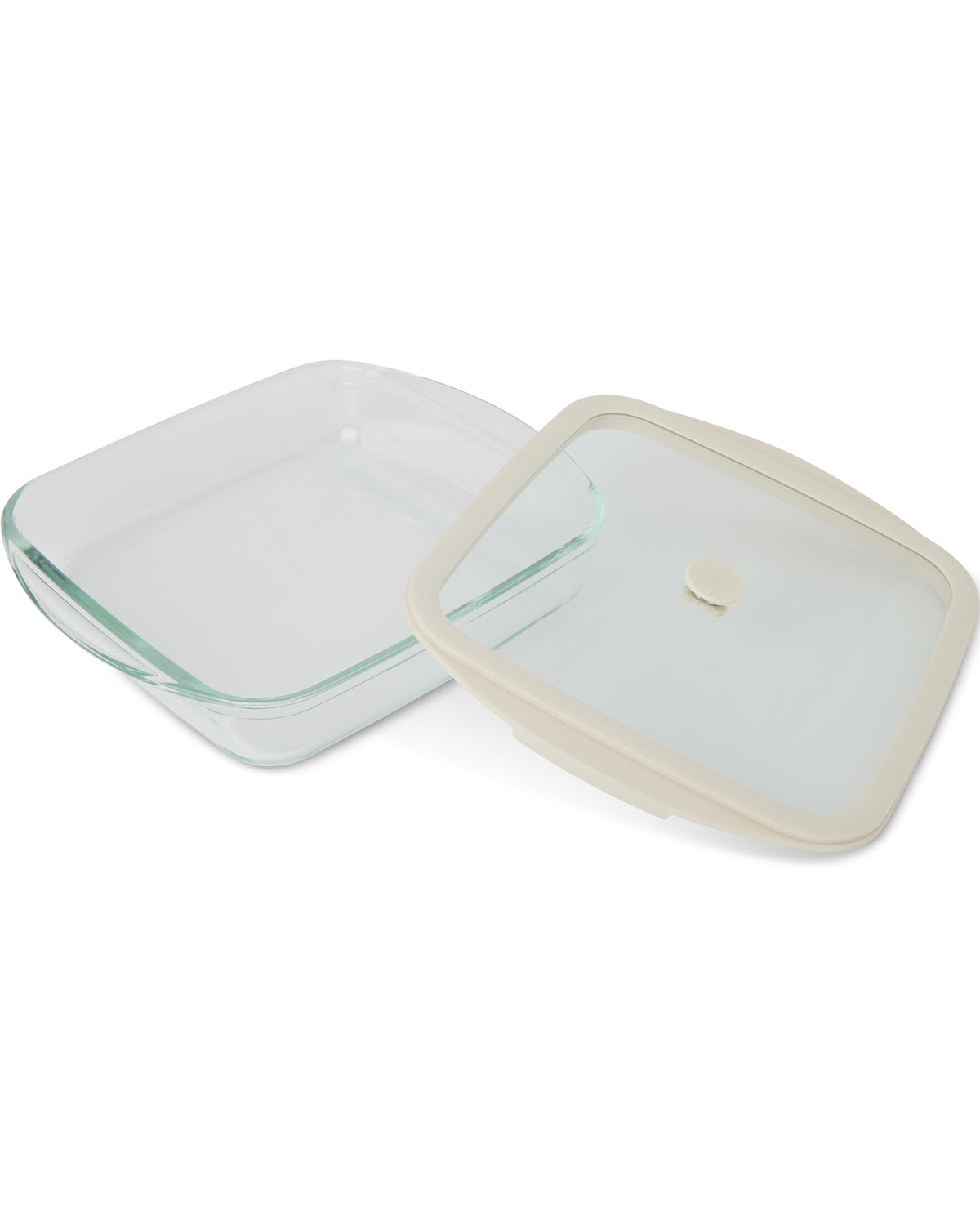 Clear glass storage container with a square shape and a matching clear lid featuring a beige rim and a small central knob, shown on a white background.