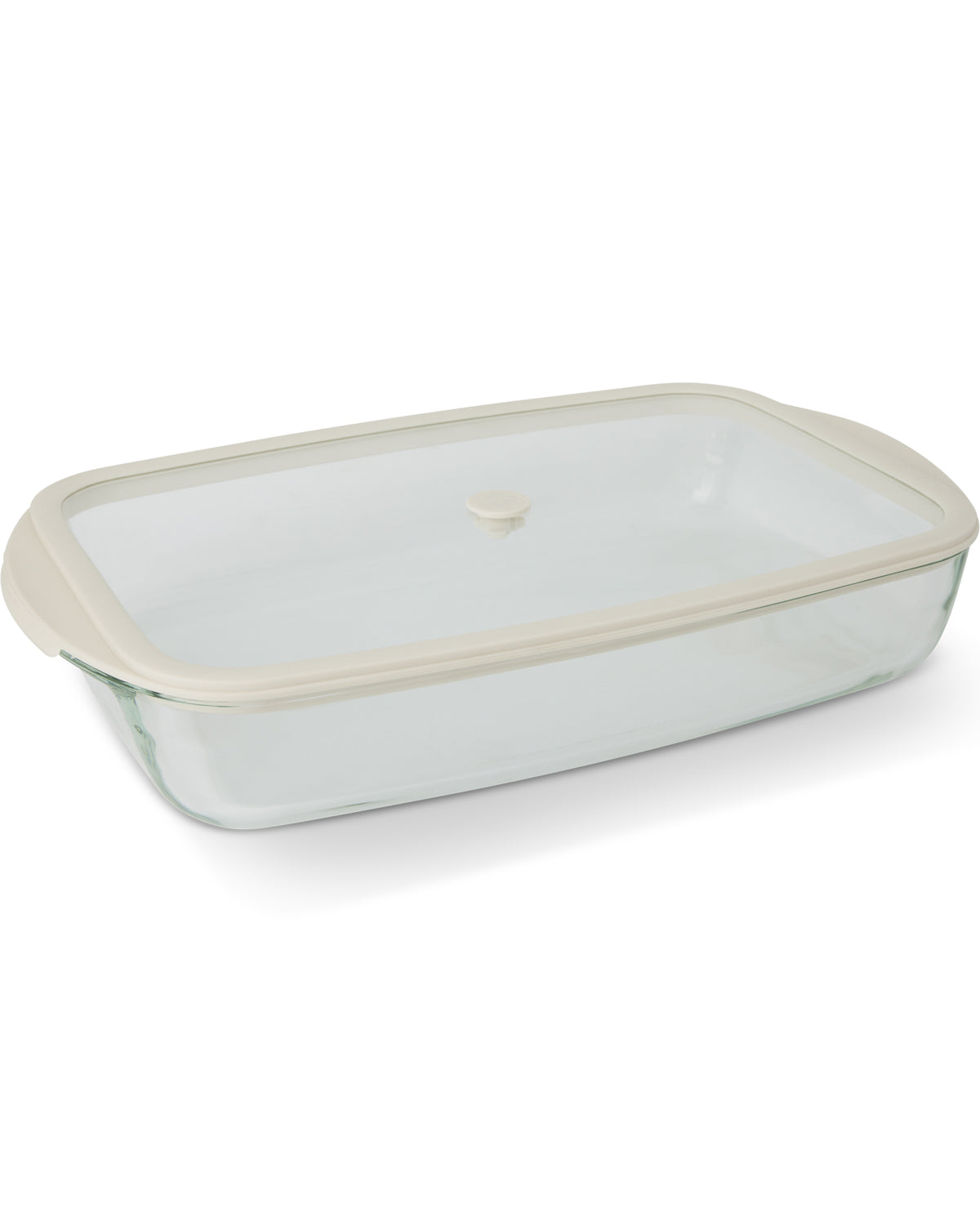 A rectangular glass baking dish with a clear lid and a beige silicone rim, shown on a plain white background.