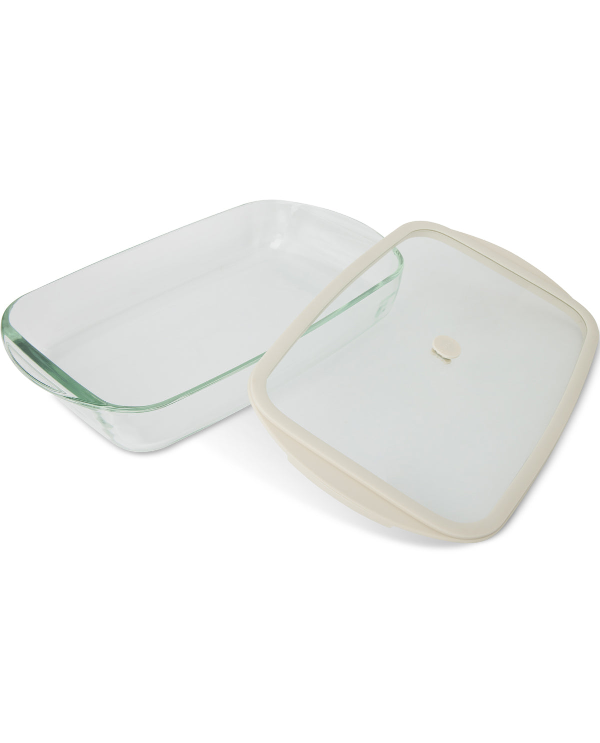 Clear glass rectangular storage container with a transparent lid and a beige plastic handle, shown on a white background.
