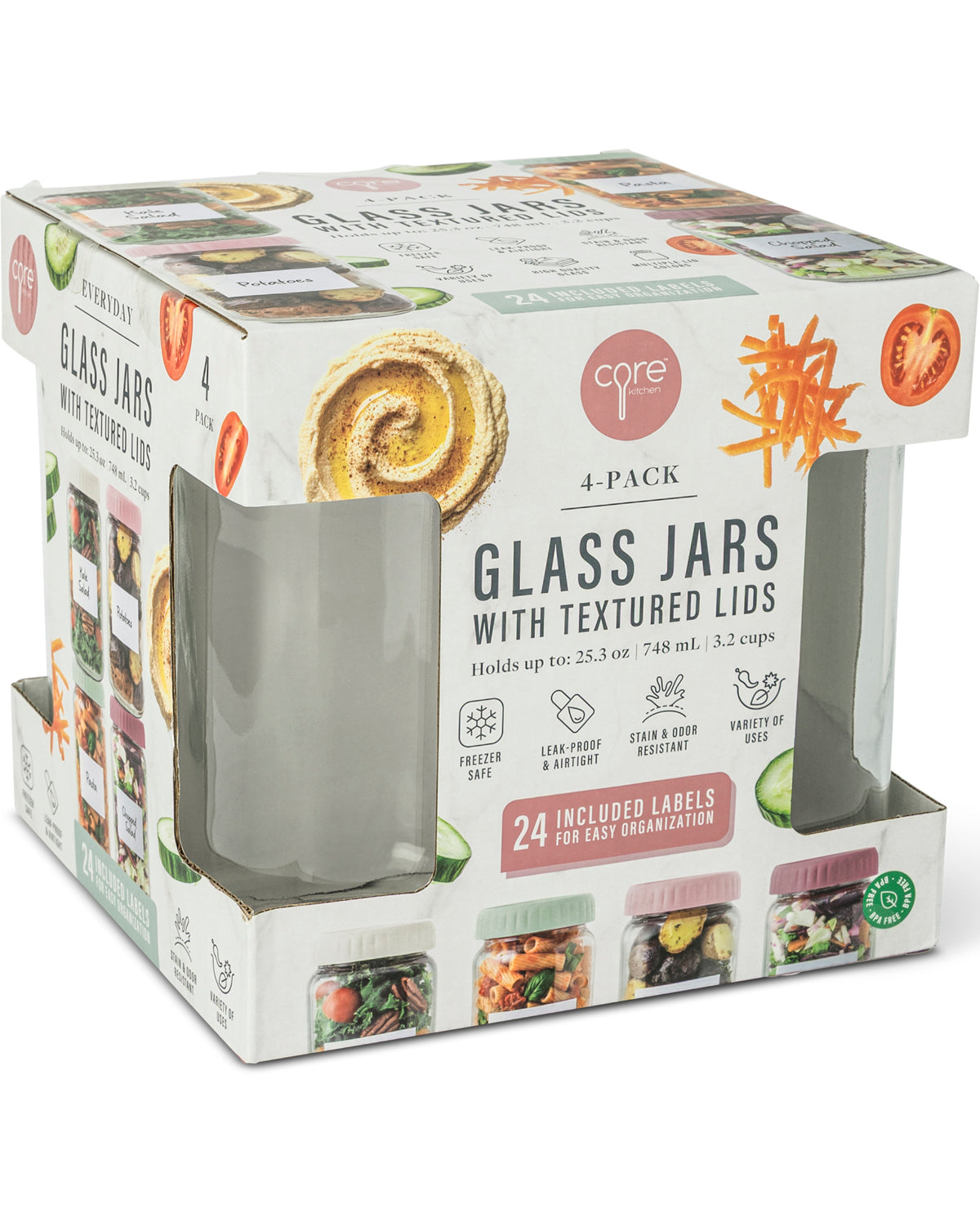 Core brand 4-pack of glass jars with textured lids in a white cardboard retail box, shown on a clean white background.