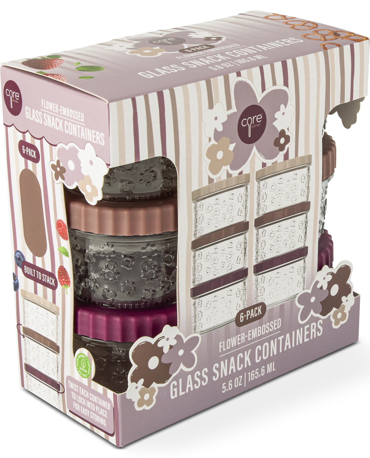 A 6-pack of Core Family Values flower-embossed glass snack containers in a matching display box. The containers come in assorted colors including brown, dark gray, and magenta, and are decorated with floral patterns.