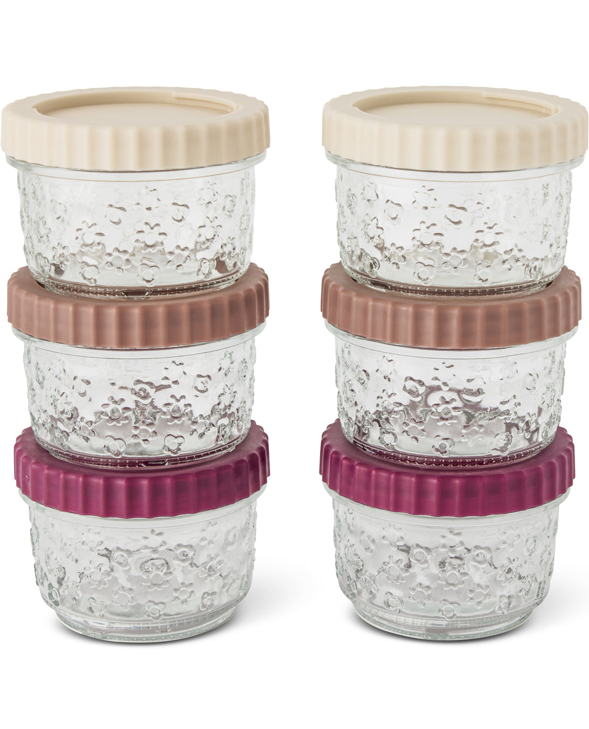 Six small clear glass storage containers with textured bubble-patterned sides, arranged in two stacks of three. Each container has a different ribbed lid color: cream, taupe, and magenta.