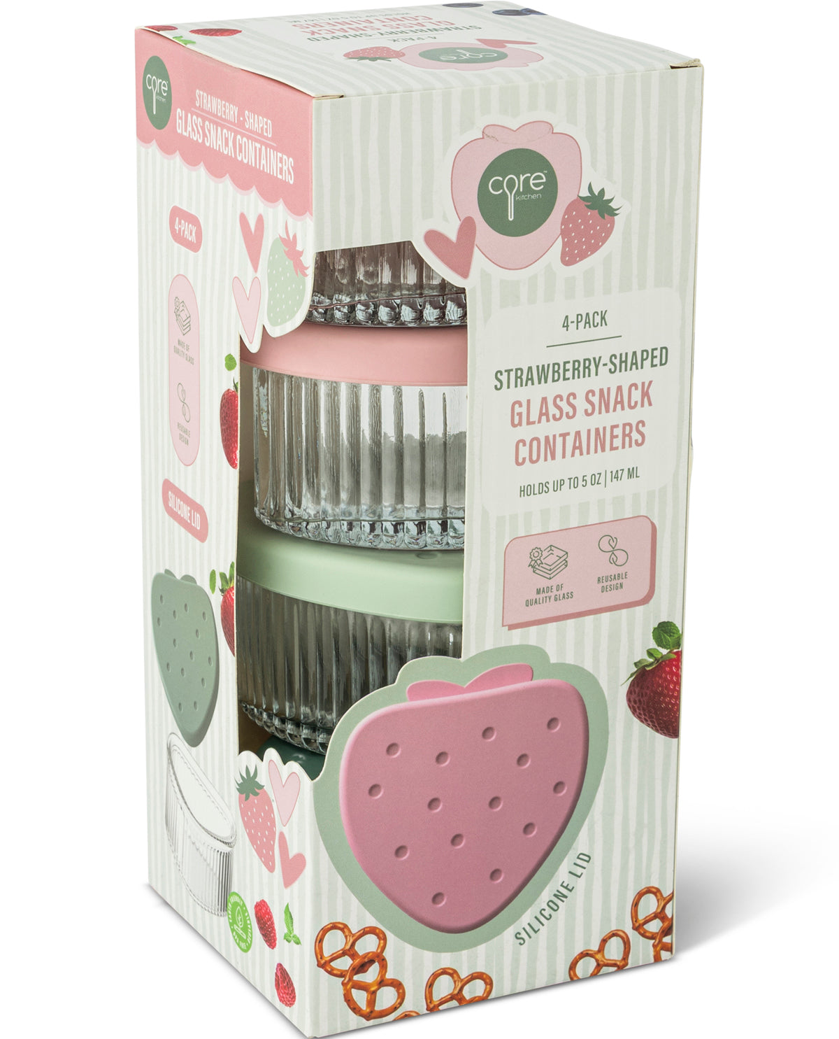 A 4-pack of Care For Life strawberry-shaped glass snack containers in their original retail packaging, featuring a striped white and pink box with illustrations of strawberries and pretzels.