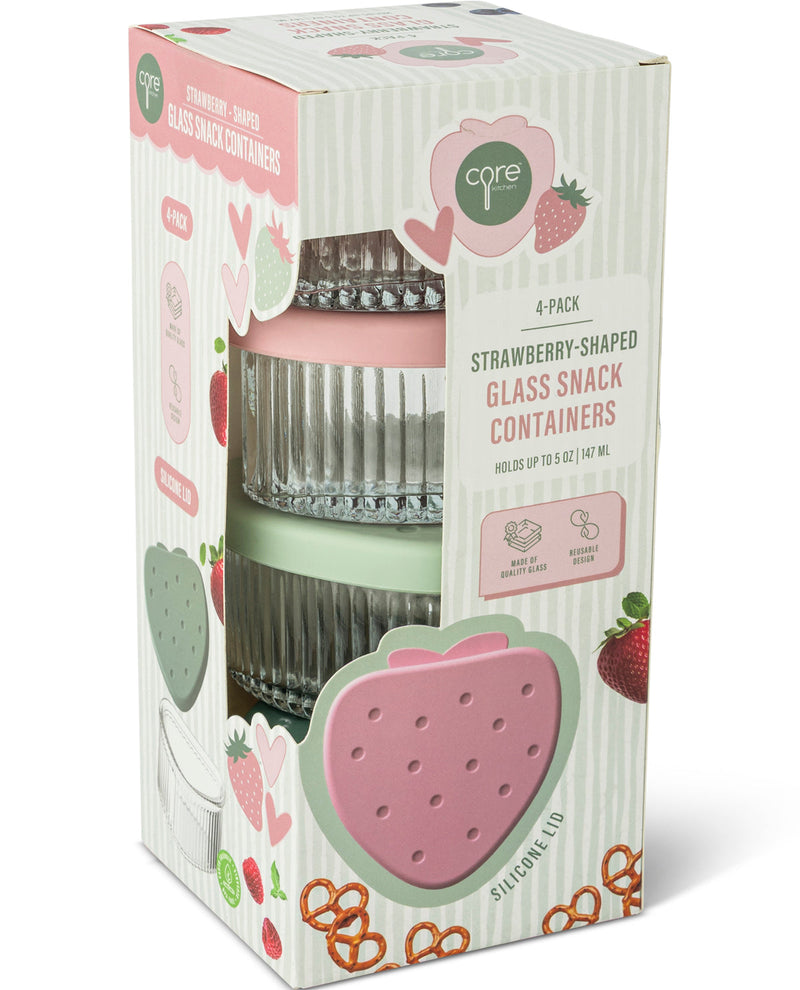 A 4-pack of Care For Life strawberry-shaped glass snack containers in their original retail packaging, featuring a striped white and pink box with illustrations of strawberries and pretzels.