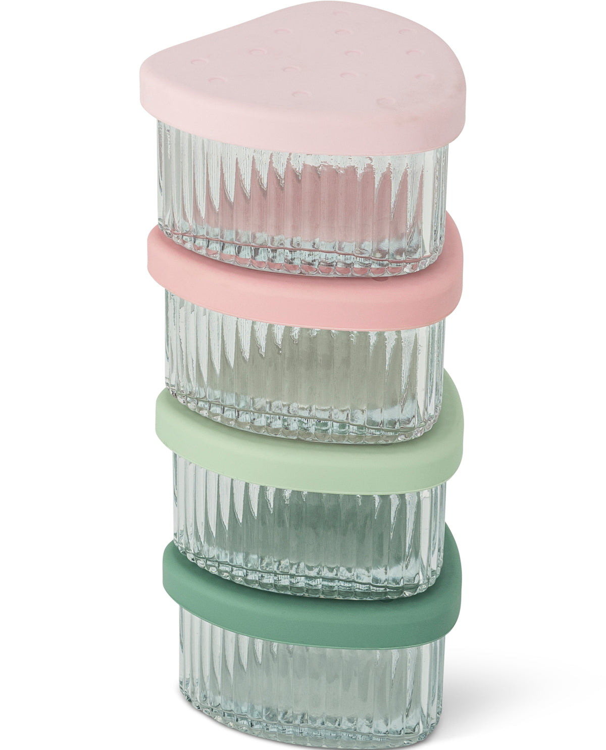 Four small ribbed glass storage containers stacked vertically, each with a different colored lid and band: light pink, dusty pink, mint green, and sage green, on a white background.