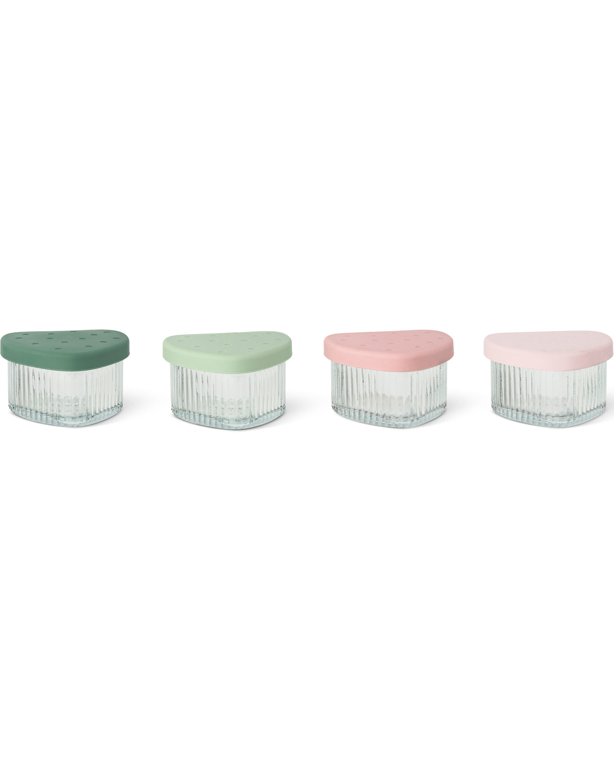 Four small ribbed glass jars with pastel-colored lids in green, mint, pink, and pale pink, arranged in a row on a white background.