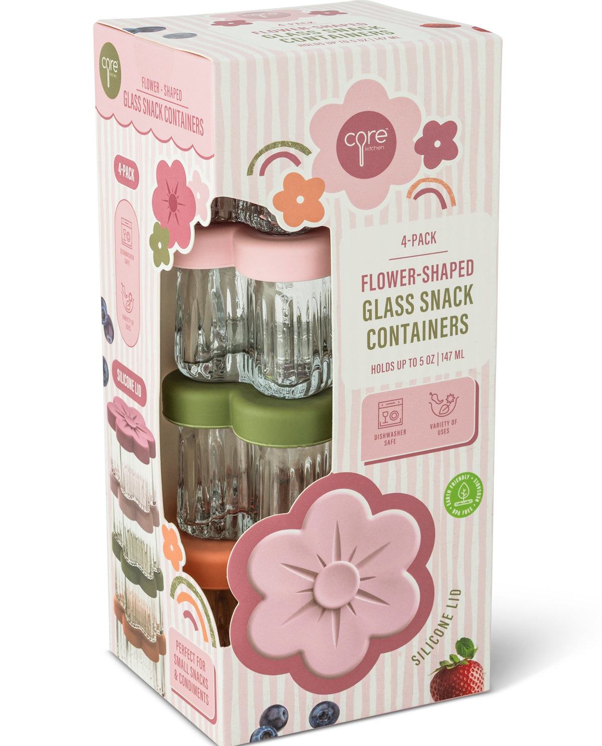 Core 1 Flower-Shaped Glass Snack Containers 4-pack in a pink and white striped box with illustrations of flowers, rainbows, and fruit, showing the clear glass containers with pink, green, and orange lids visible through a clear window.