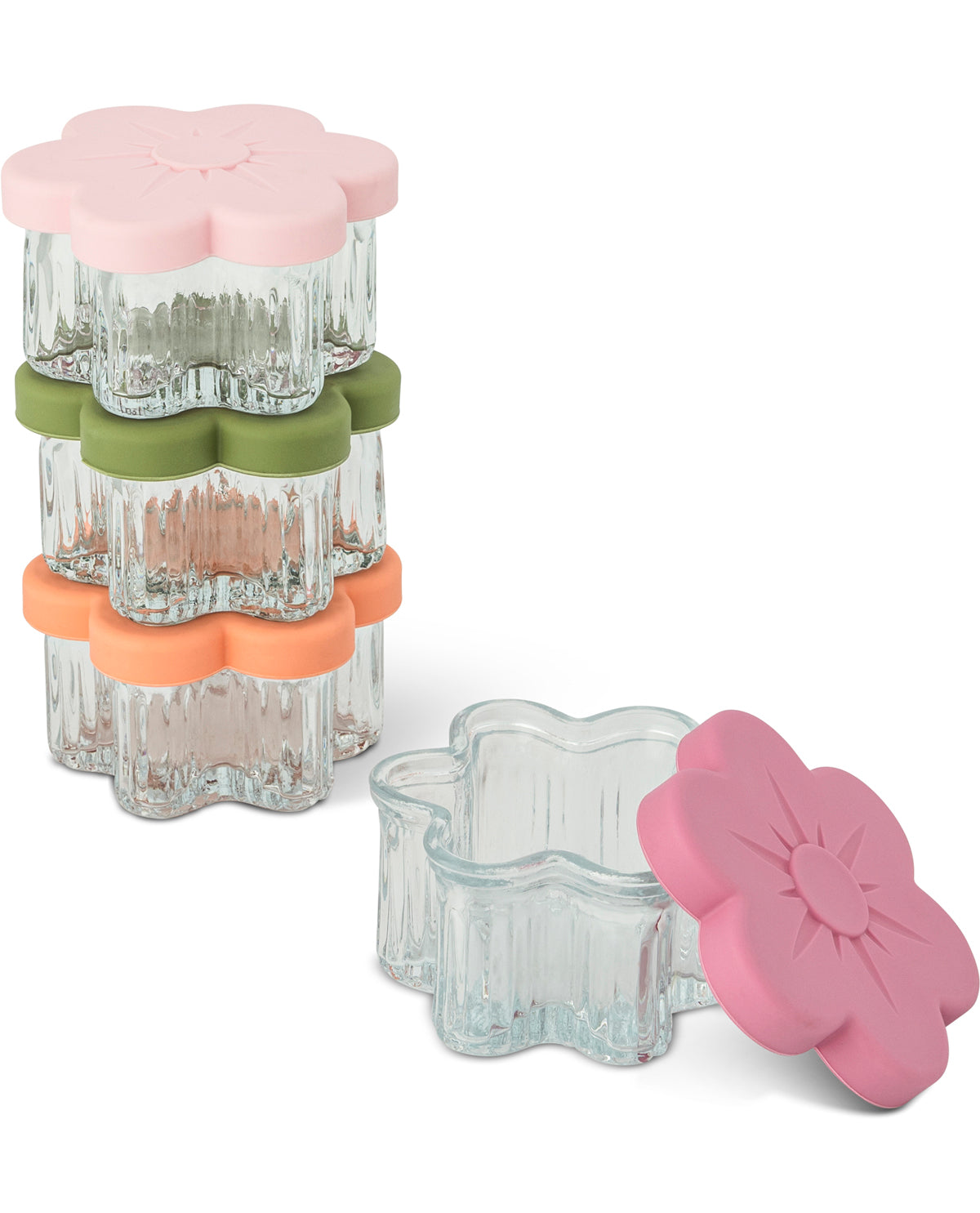 Four small clear ribbed glass storage containers with flower-shaped lids in pink, green, peach, and clear, shown on a white background.