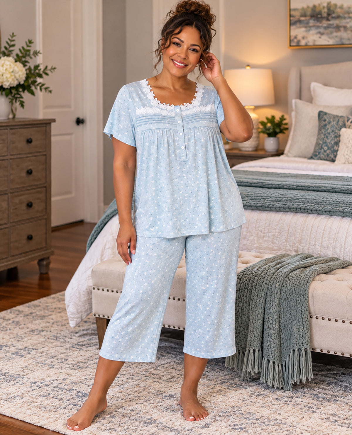 Laura Ashley Short Sleeve Capri PJ Set Green Rose Bud