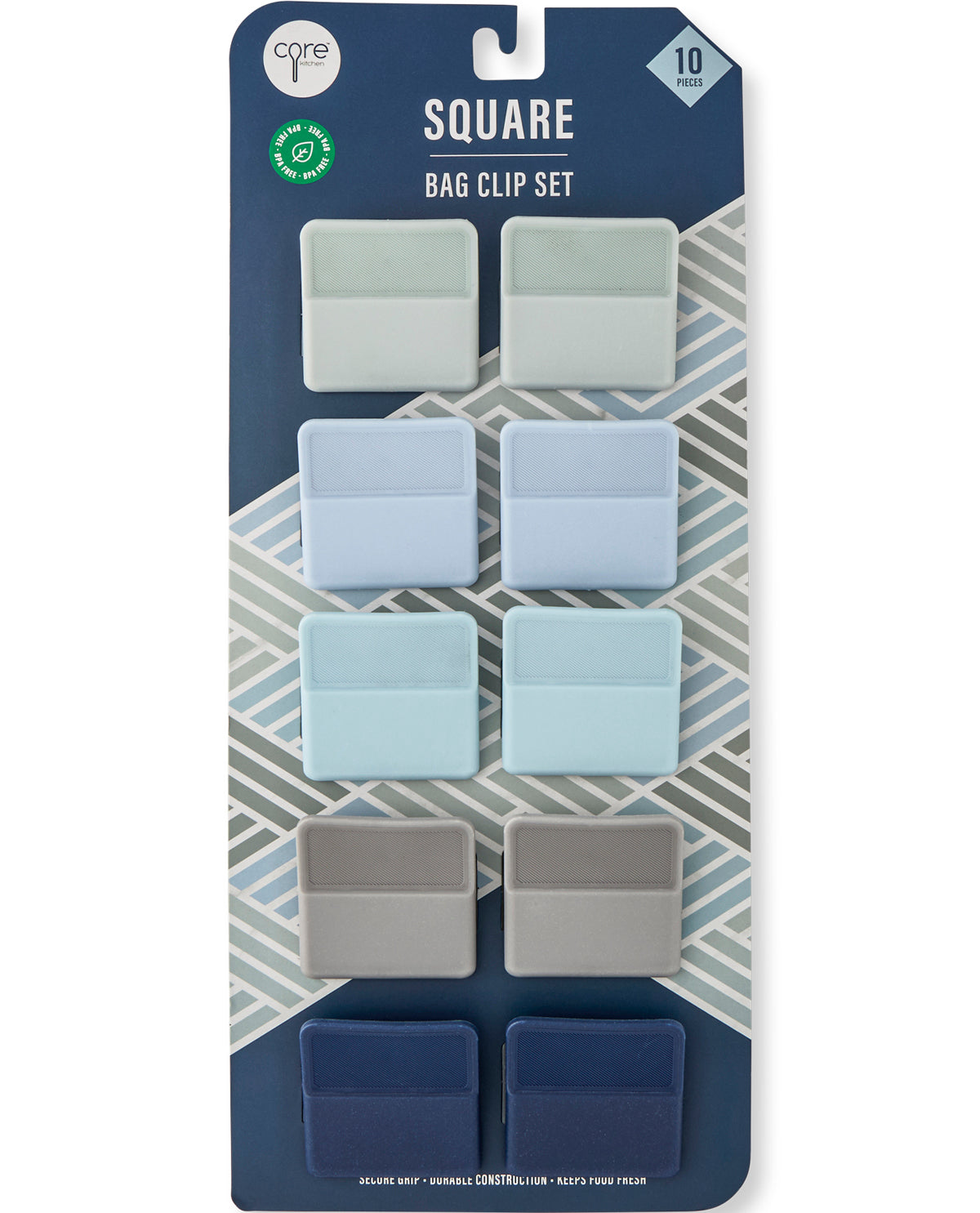 A 10-piece square bag clip set by Core, displayed on its original retail backing card. The clips come in a variety of muted colors including sage green, light blue, slate gray, and navy blue, arranged in a grid on a navy and gray patterned card.