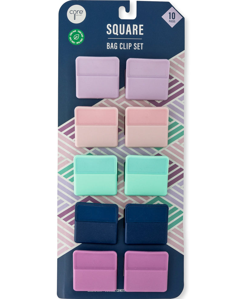 A 10-piece square bag clip set by Cyle, featuring pastel and dark blue clips arranged on a dark blue and patterned backing card.
