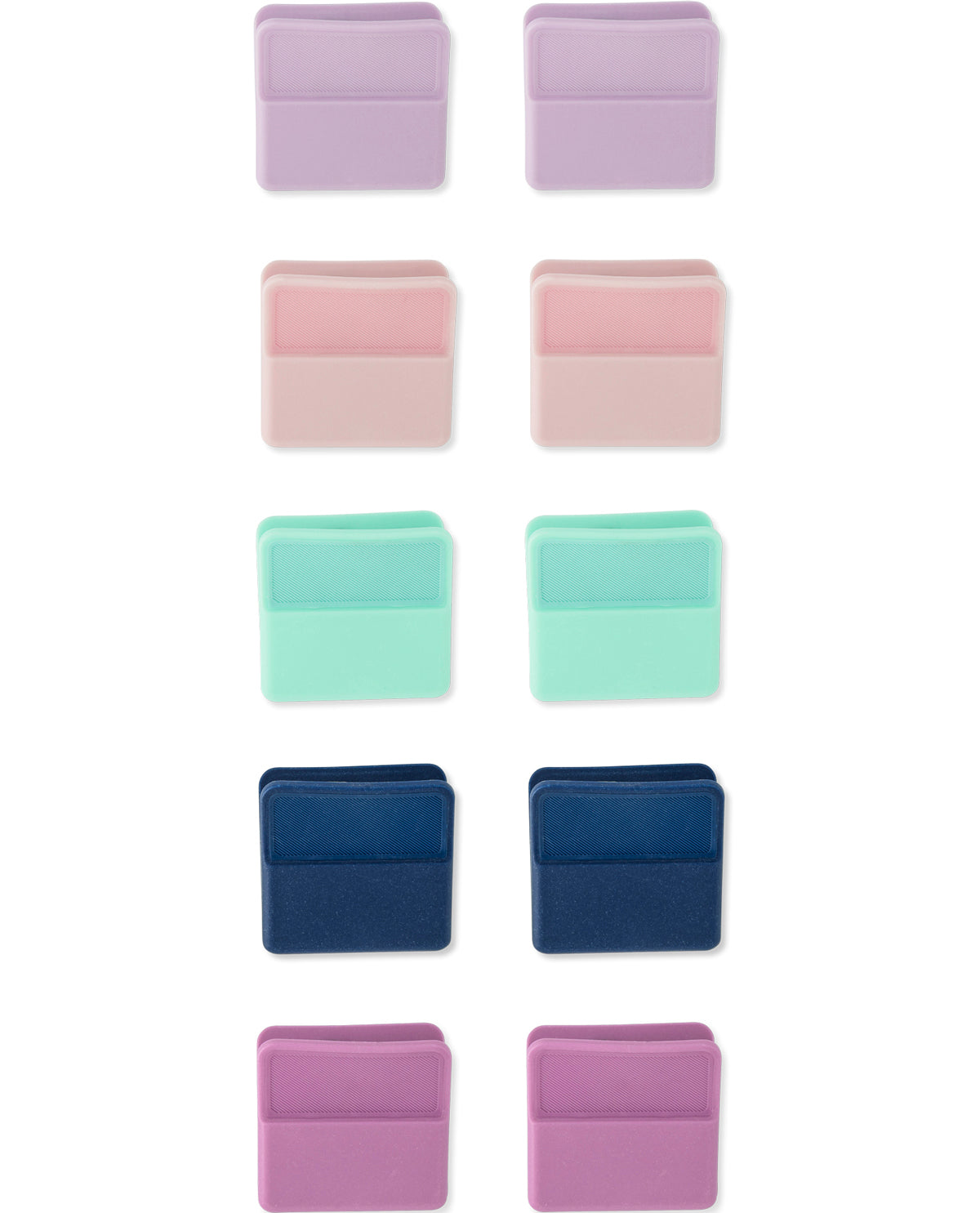 Eight small rectangular card holders or pockets arranged in two columns on a white background, shown in multiple pastel and dark blue colorways.