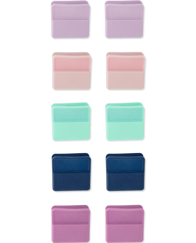 Eight small rectangular card holders or pockets arranged in two columns on a white background, shown in multiple pastel and dark blue colorways.
