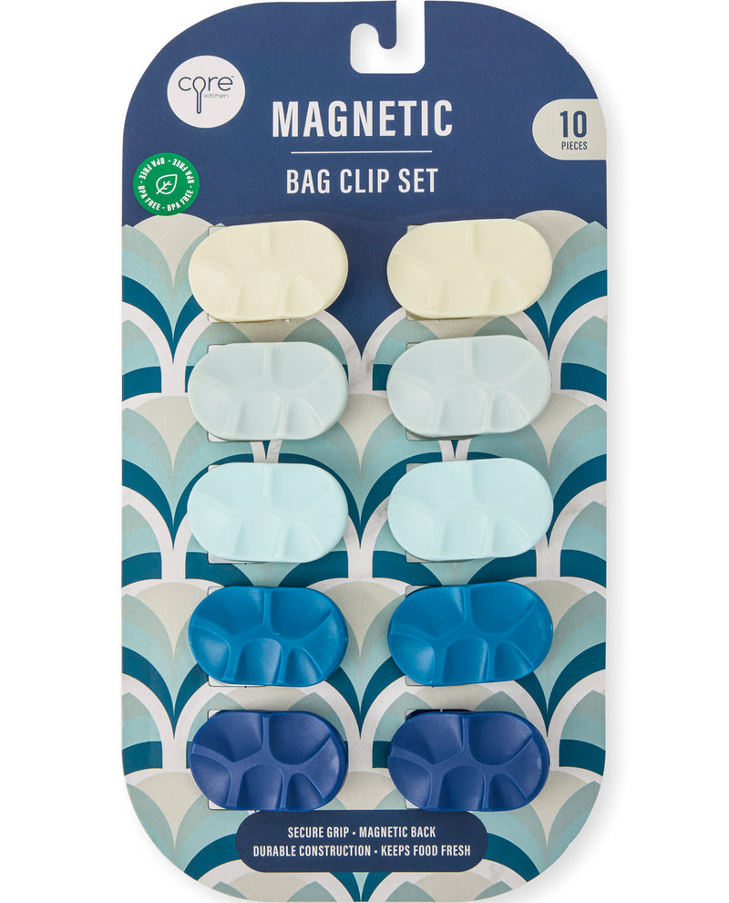 Core brand Magnetic Bag Clip Set in retail packaging, containing 10 reusable bag clips in cream, light blue, medium blue, and navy, with a blue and white patterned backing card.