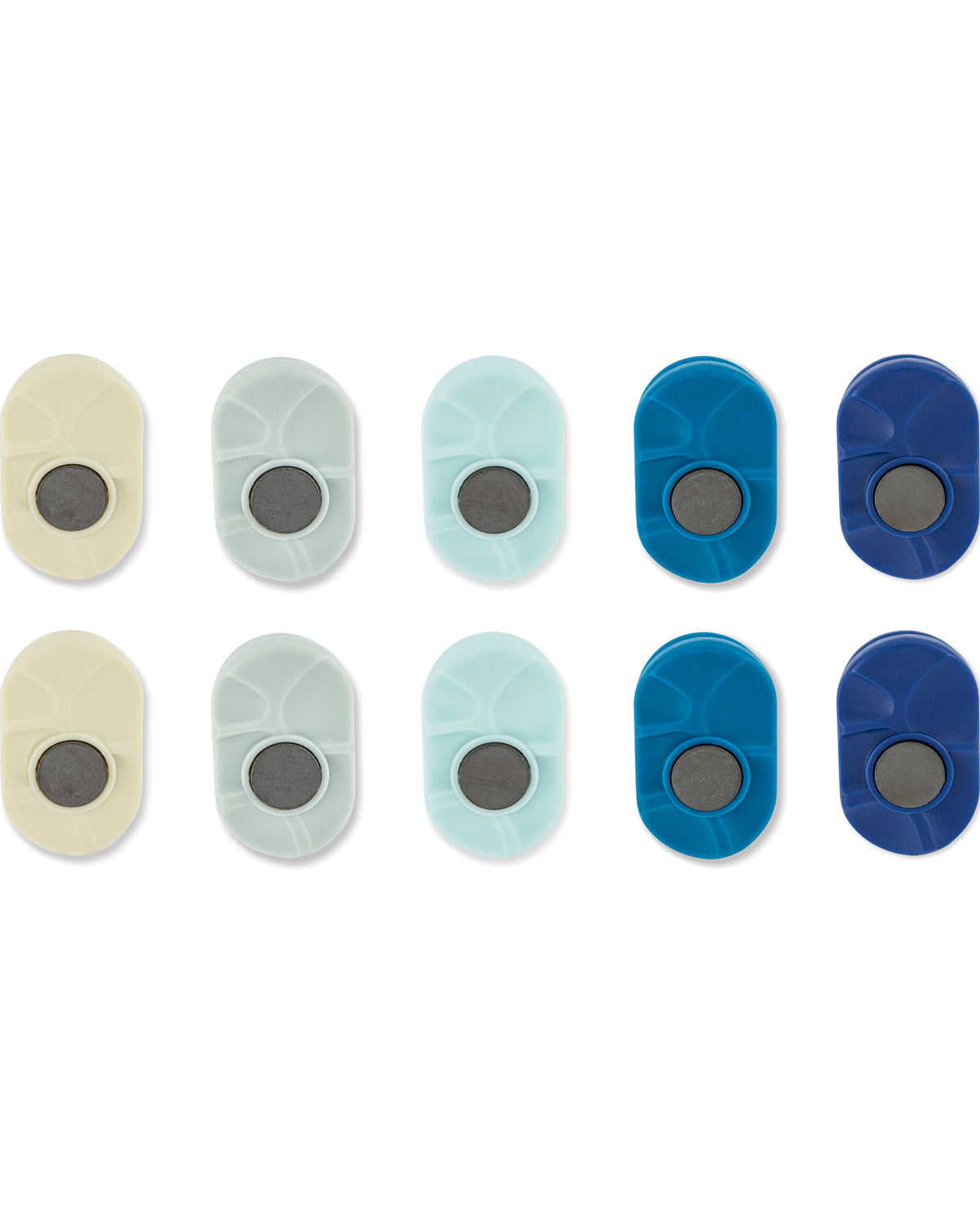 Twelve oval adhesive patch-like products arranged in two rows on a white background, shown in cream, pale aqua, light blue, bright blue, and dark blue. Each patch has a curved outer shape with a circular gray center.