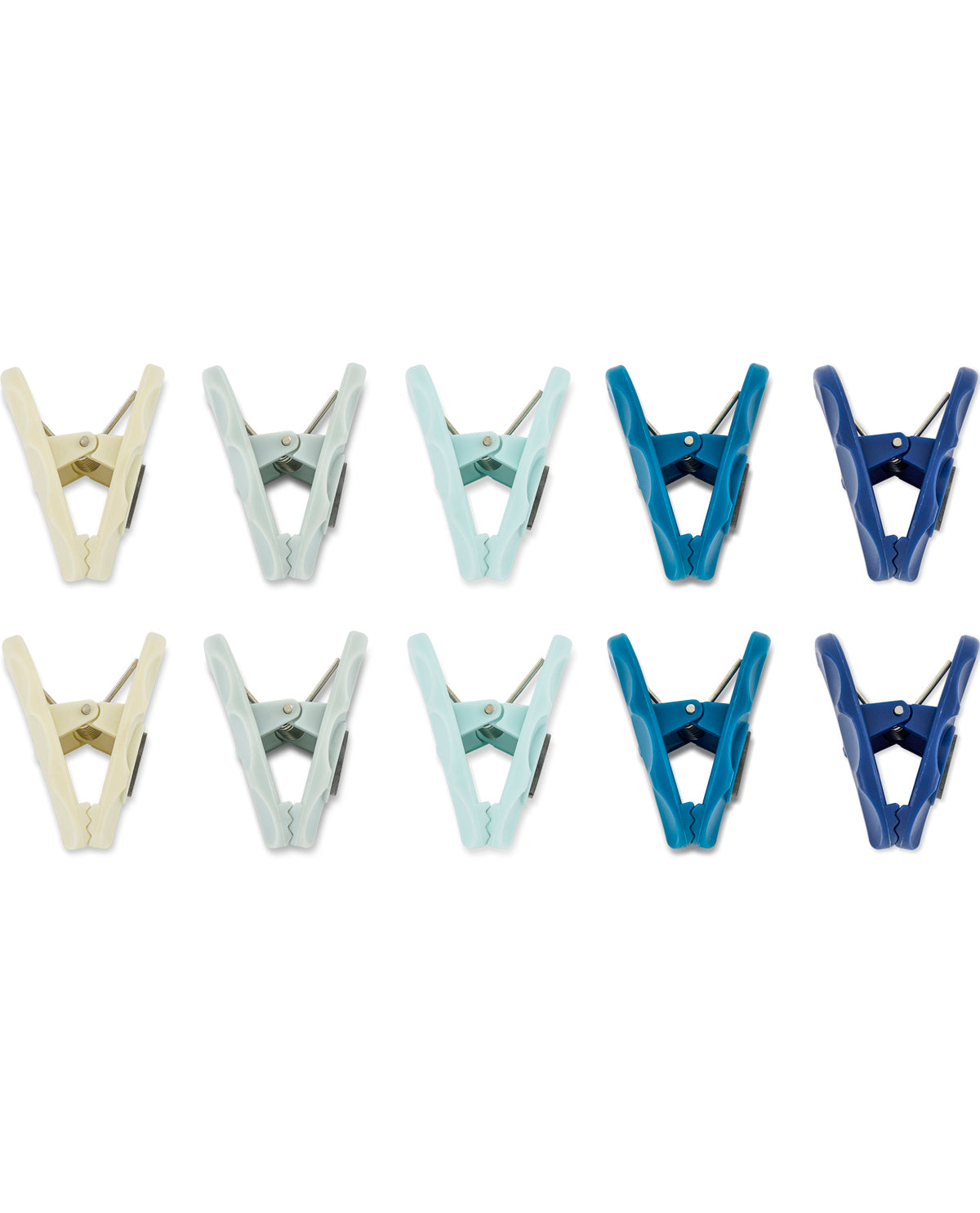 Nine plastic clothespins arranged in two rows on a plain white background. The top row contains cream, pale mint, and bright blue clips, while the bottom row contains cream, pale mint, dark blue, and royal blue clips.