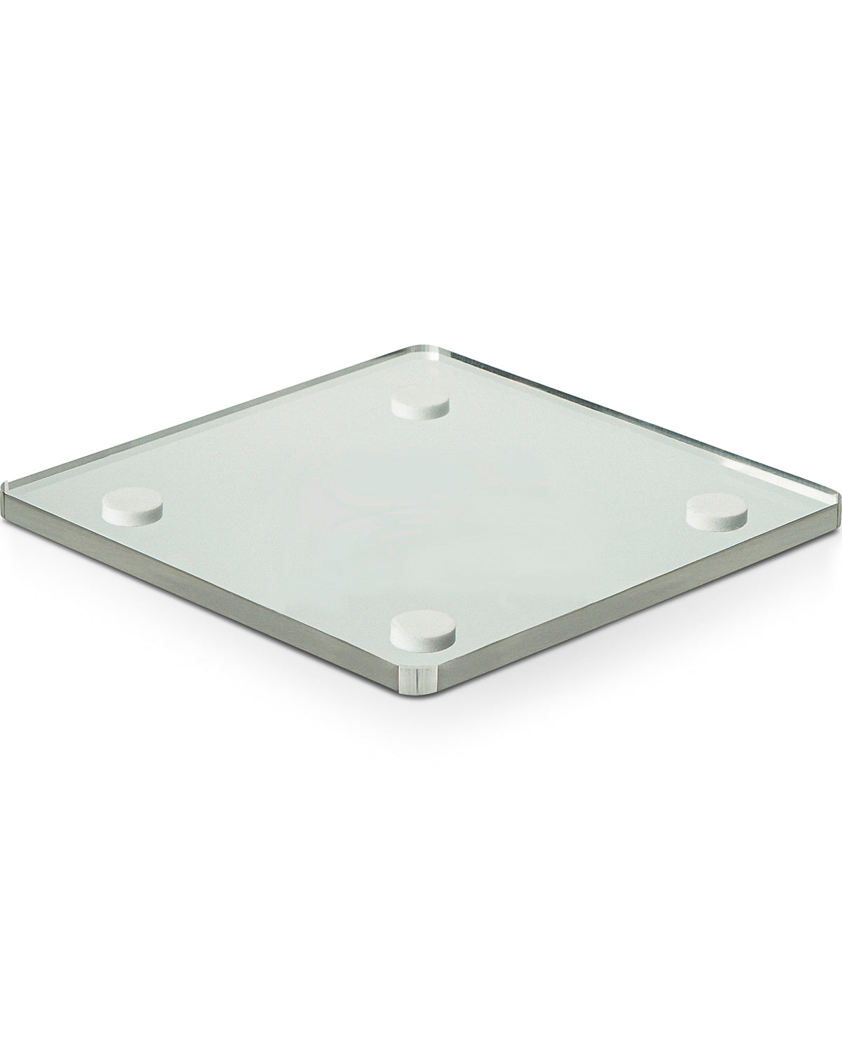 A square glass board with rounded corners and four small white circular pads on the underside, shown on a clean white background.