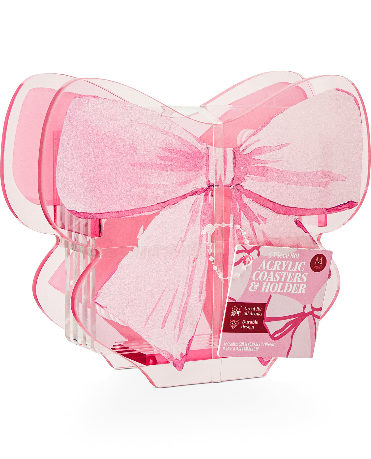 A pink acrylic set of bow-shaped coasters and holder, shown stacked together on a white background with the product packaging label visible.