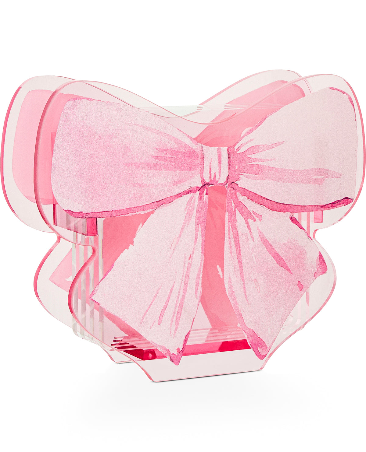 A translucent pink bow-shaped clutch bag on a clean white background.