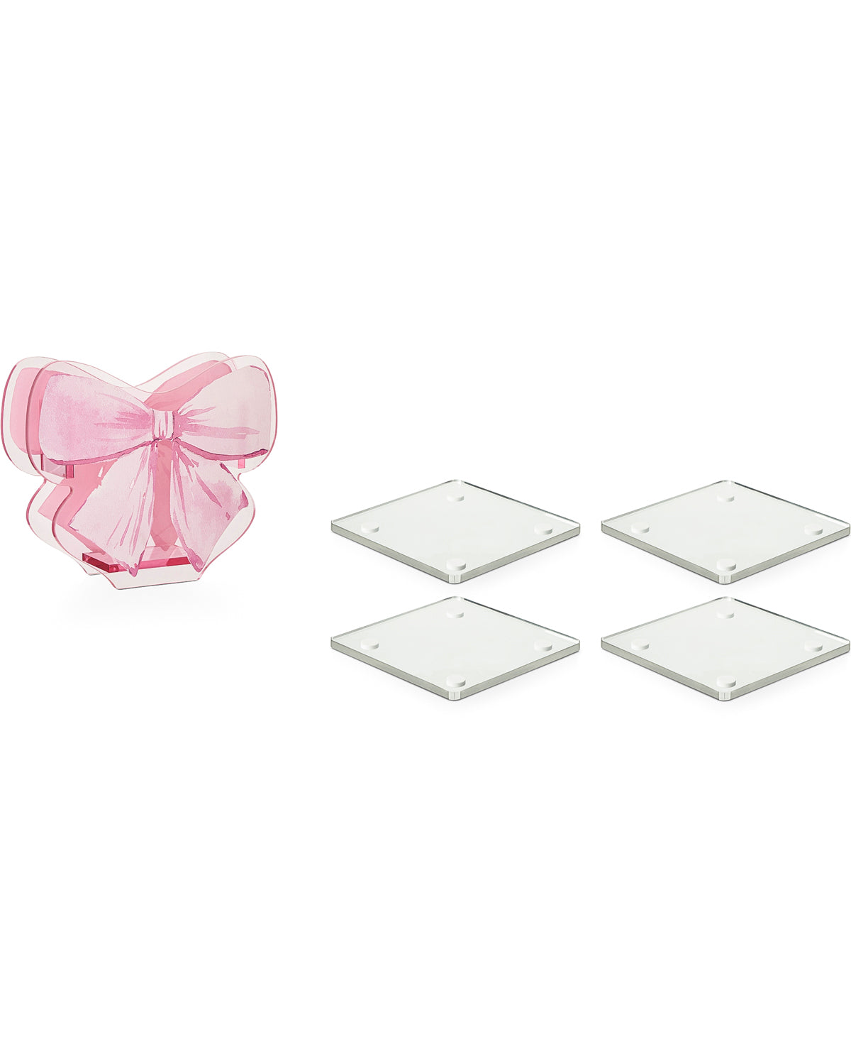 A translucent pink bow-shaped accessory shown next to four clear square adhesive pads on a plain white background.