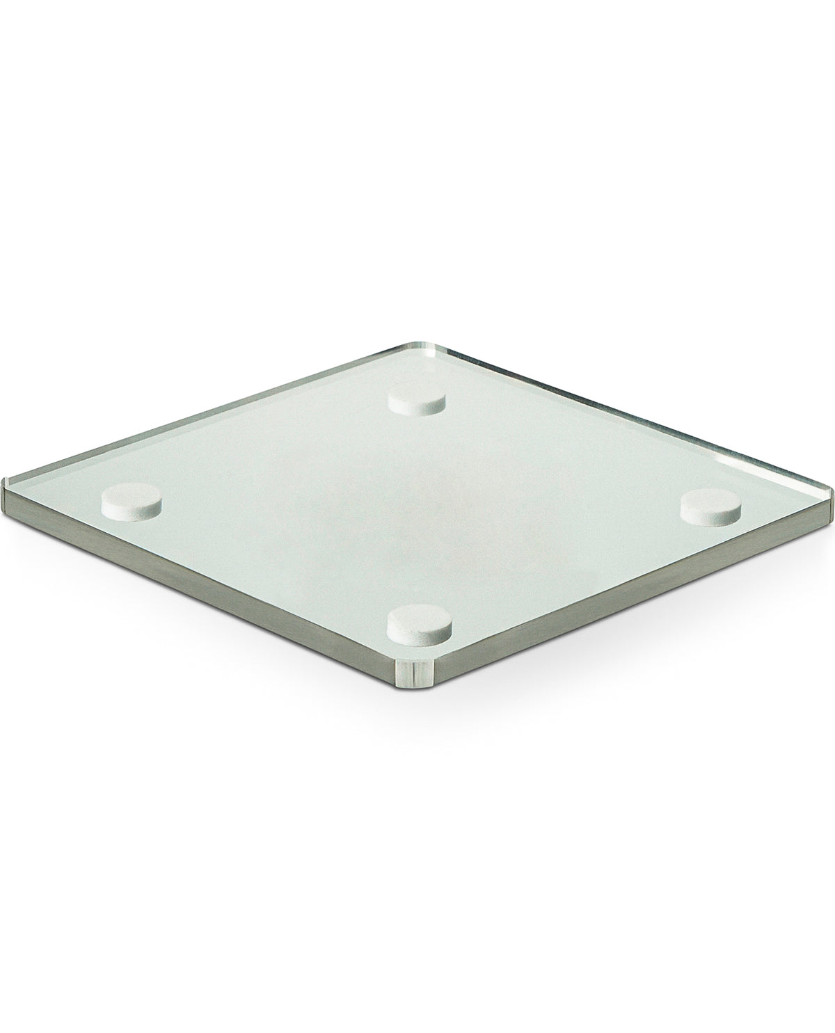 A square glass tile with rounded corners and four small white adhesive pads on the underside, shown on a clean white background.