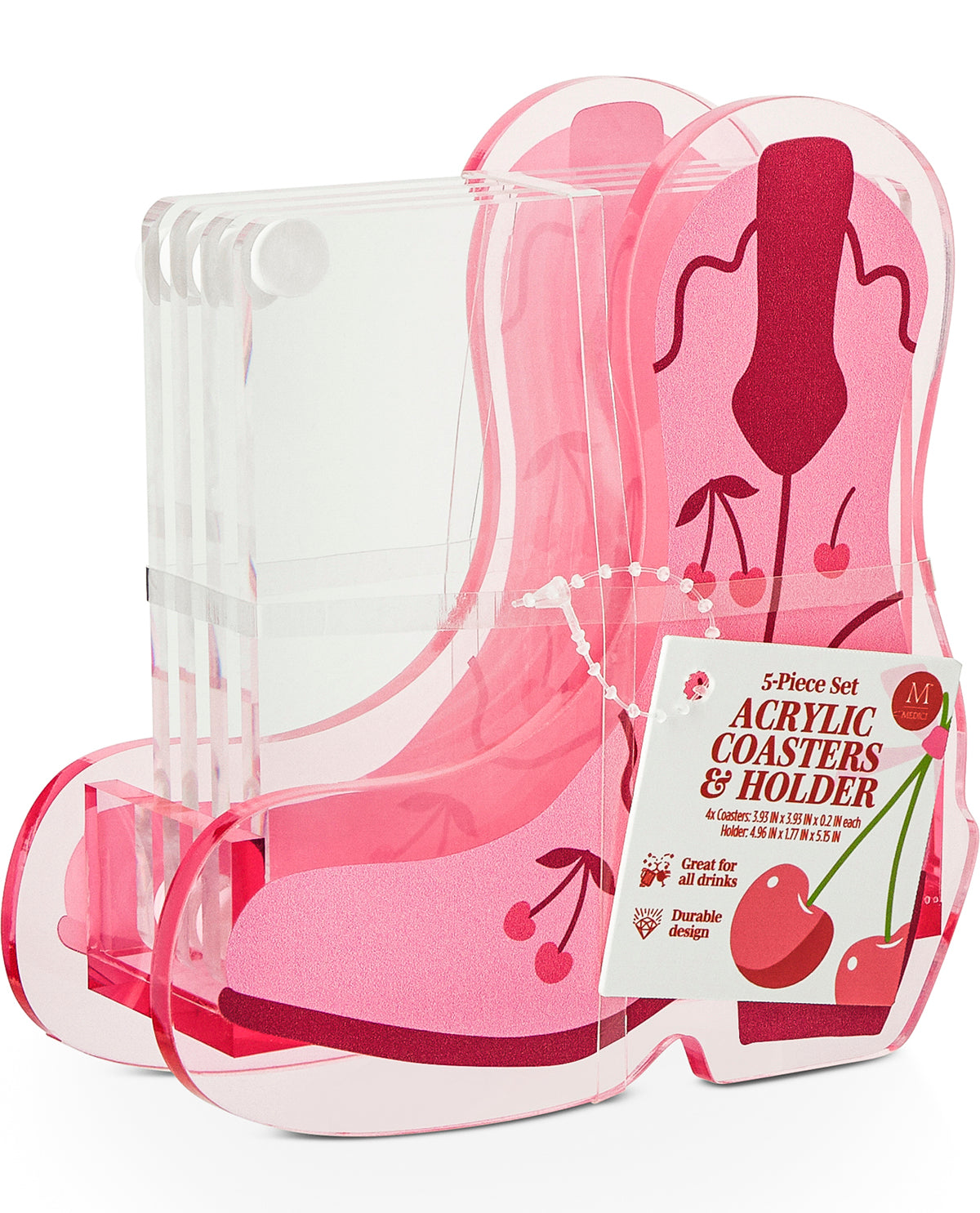 A 5-piece set of pink acrylic coasters and a matching holder with cherry illustrations, shown with a product label card on a white background.