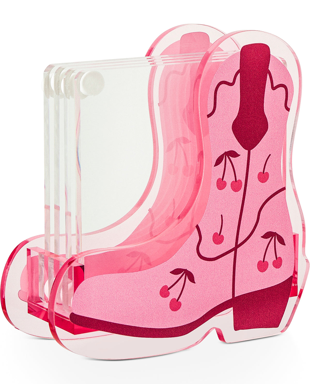 A pink acrylic boot-shaped object with cherry and floral line-art details, shown on a clean white background.