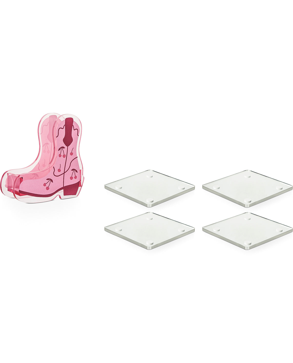 A pink boot-shaped item with a floral pattern, shown next to four clear square glass or acrylic plates on a white background.