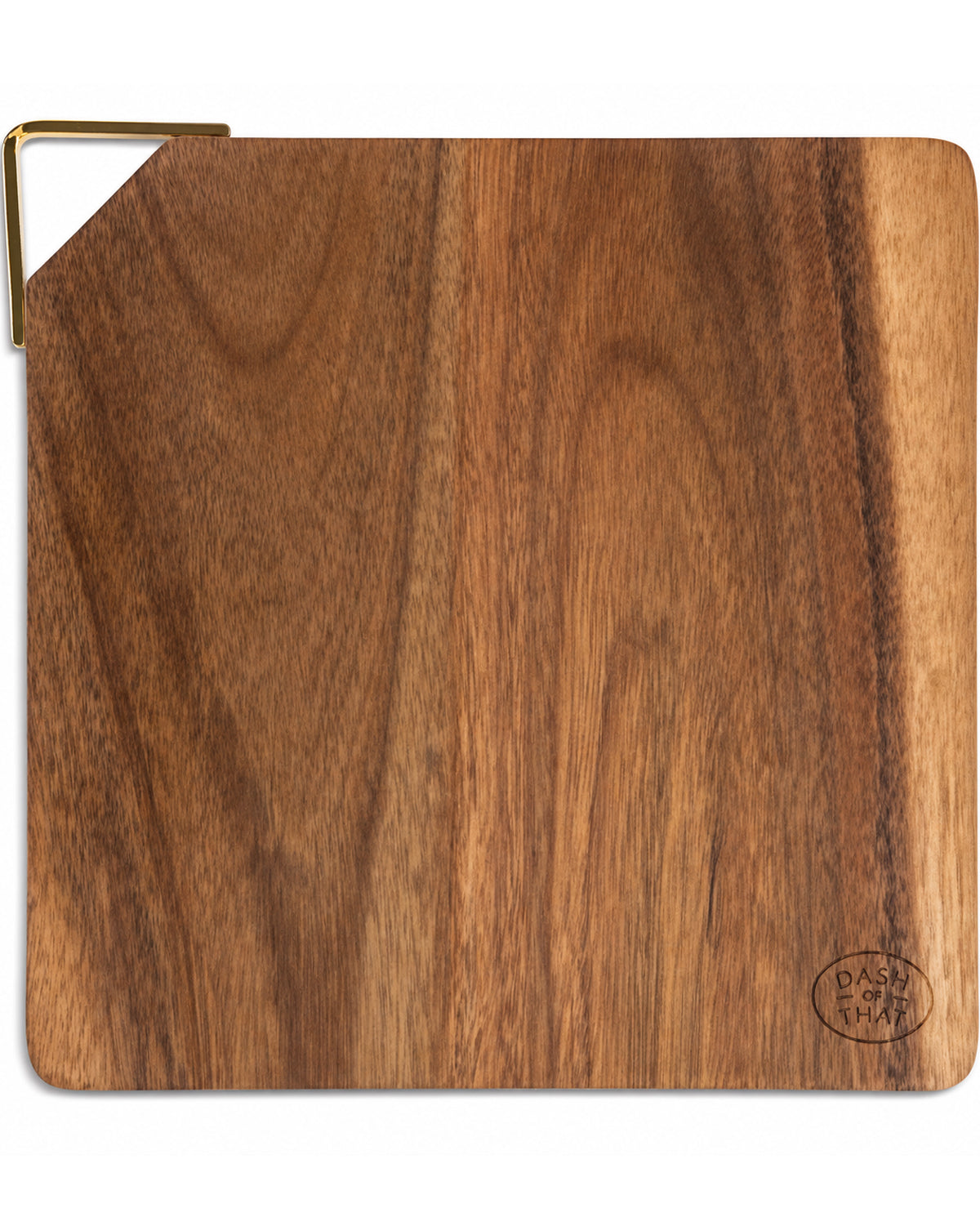 A rectangular wooden serving board with a warm medium-brown wood grain finish, featuring a small brass clip on the top left corner and a circular 'PASHA NY' logo engraved in the bottom right corner, set against a plain white background.