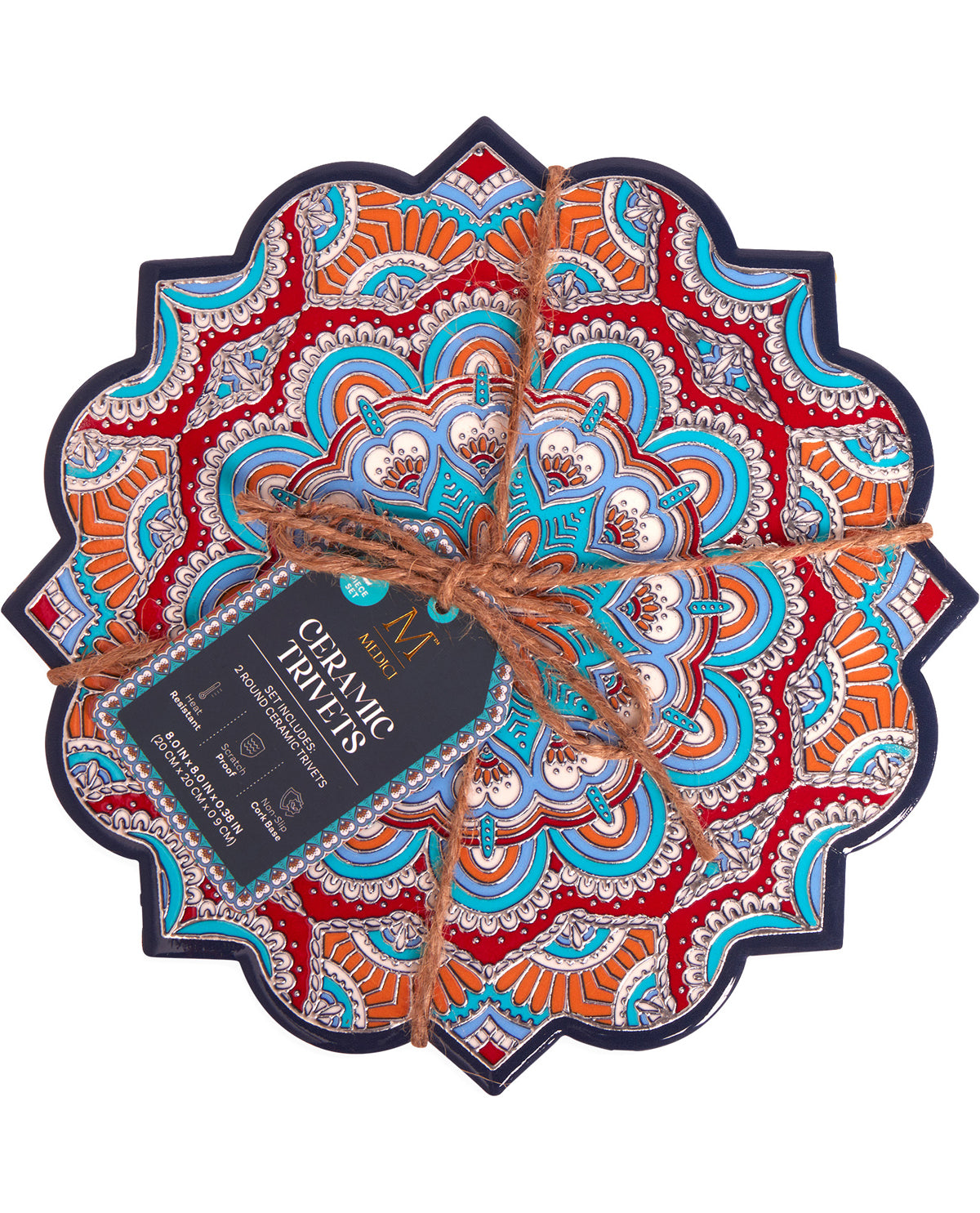 A round ceramic tray with a scalloped edge, featuring a vibrant red, orange, and blue mandala pattern. The tray is wrapped in natural twine with a black paper tag that reads 'CERAMIC TRAYETS'.