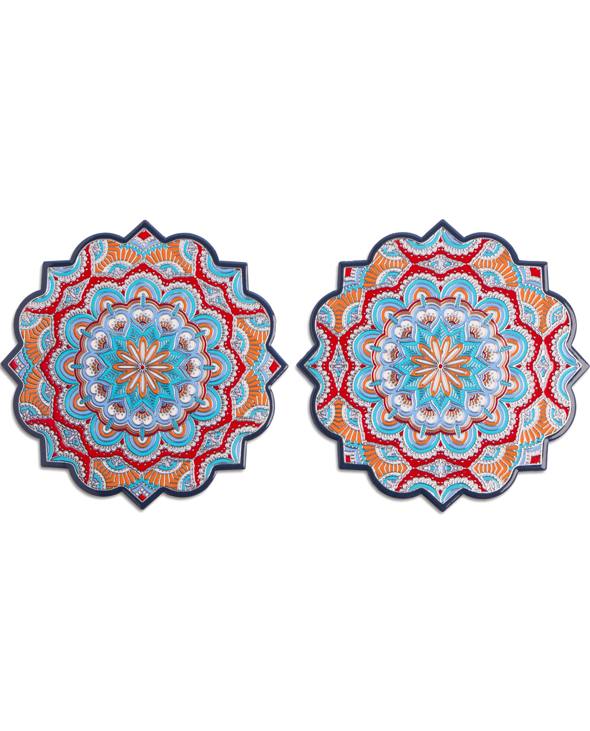 Two round decorative coasters with intricate mandala patterns in blue, red, orange, and white, displayed side-by-side on a plain white background.