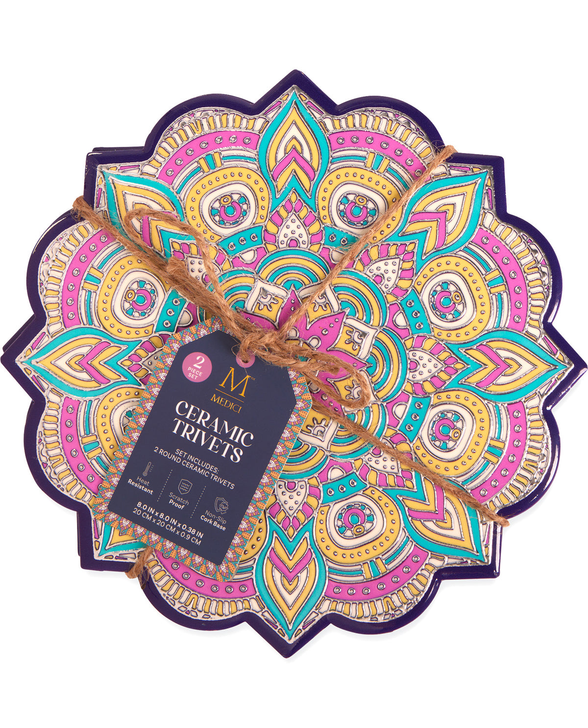 A round decorative ceramic tile tray with a colorful mandala pattern, wrapped in twine with a hanging tag that reads 'M Mera Ceramics Ceramic Travlets'.