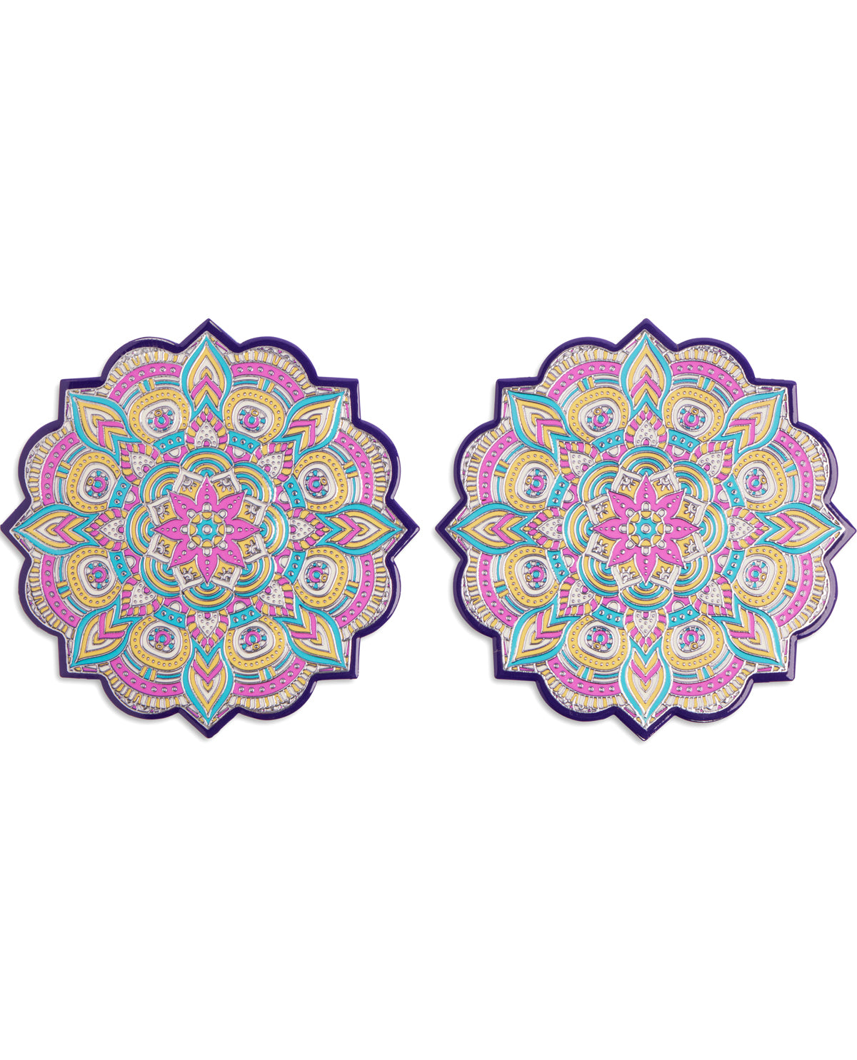 Two matching round placemats with an intricate mandala pattern in pink, purple, yellow, and blue, displayed side-by-side on a white background.