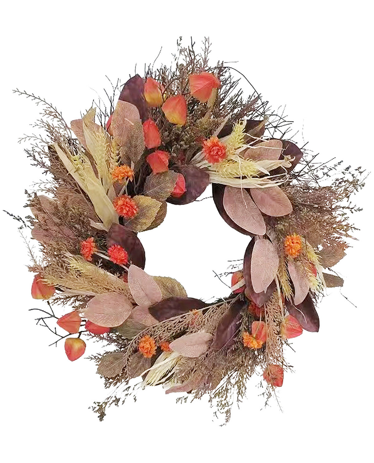 An autumn-themed artificial floral wreath featuring dried grasses, muted beige leaves, dark burgundy foliage, and small bright orange flower accents, isolated on a white background.