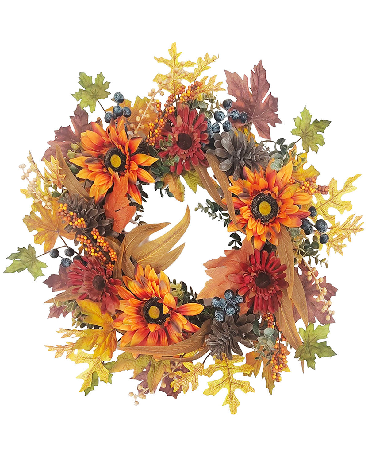 An autumn-themed artificial floral wreath featuring orange and red flowers, yellow maple leaves, pinecones, berries, and green foliage on a plain white background.