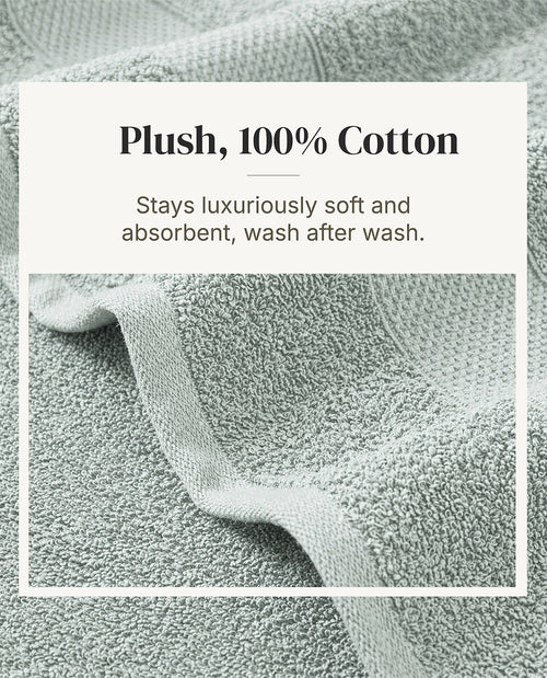 A close-up of a plush cotton towel in a pale sage green color, framed by a white text box that reads 'Plush, 100% Cotton' and 'Stays luxuriously soft and absorbent, wash after wash.'.