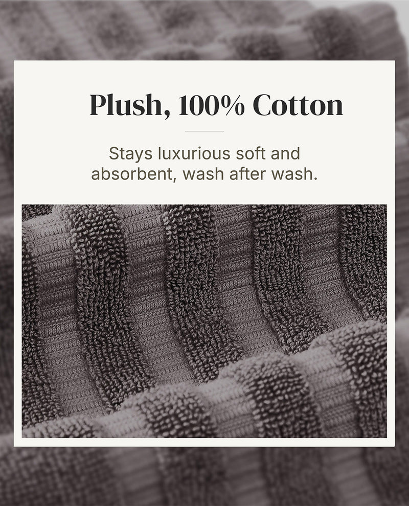 A close-up of ribbed textured fabric with text reading 'Plush, 100% Cotton' and 'Stays luxurious soft and absorbent, wash after wash.' on a white background.
