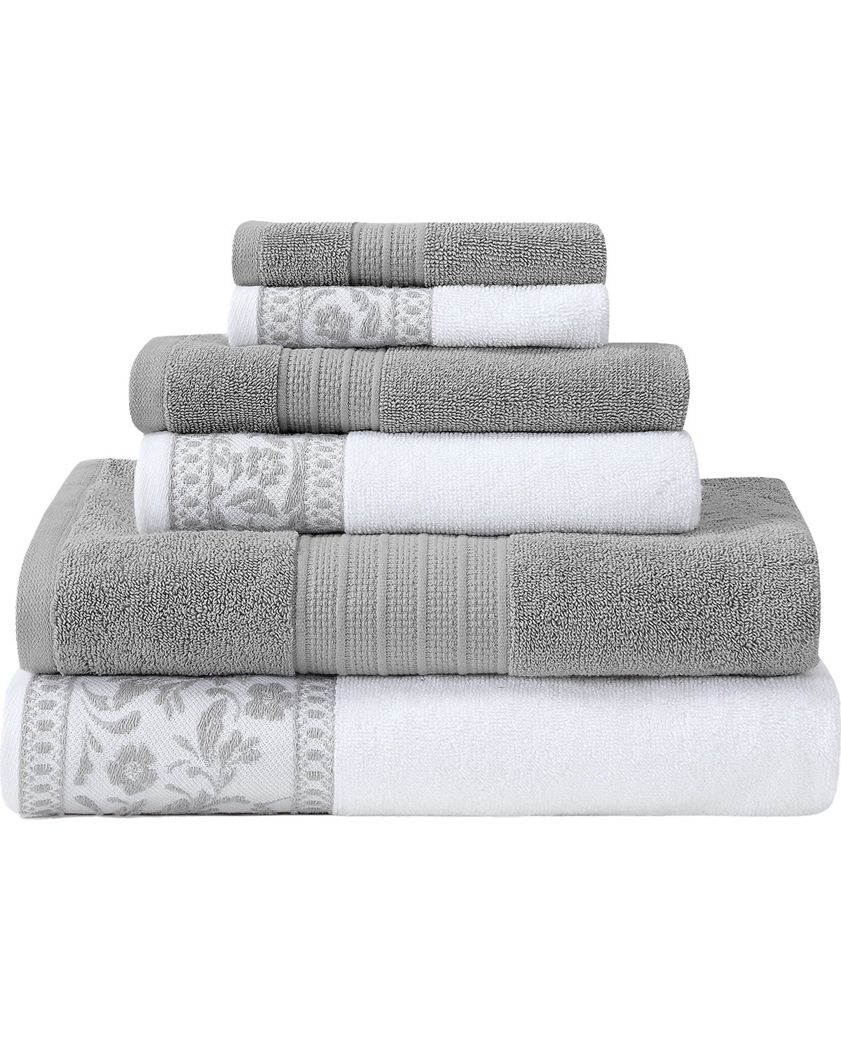 A stack of five folded towels in gray and white, including hand towels, washcloths, and bath towels, arranged by size on a plain white background.