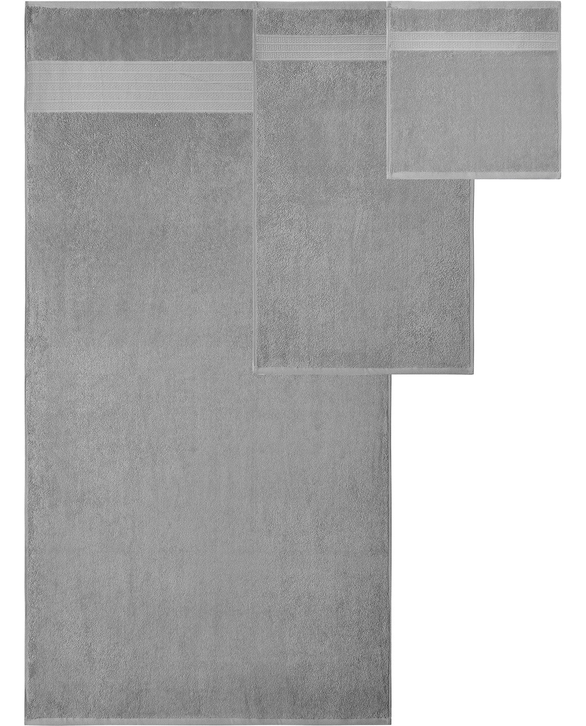 A set of three gray bath towels in different sizes, arranged in a cascading layout on a plain white background.