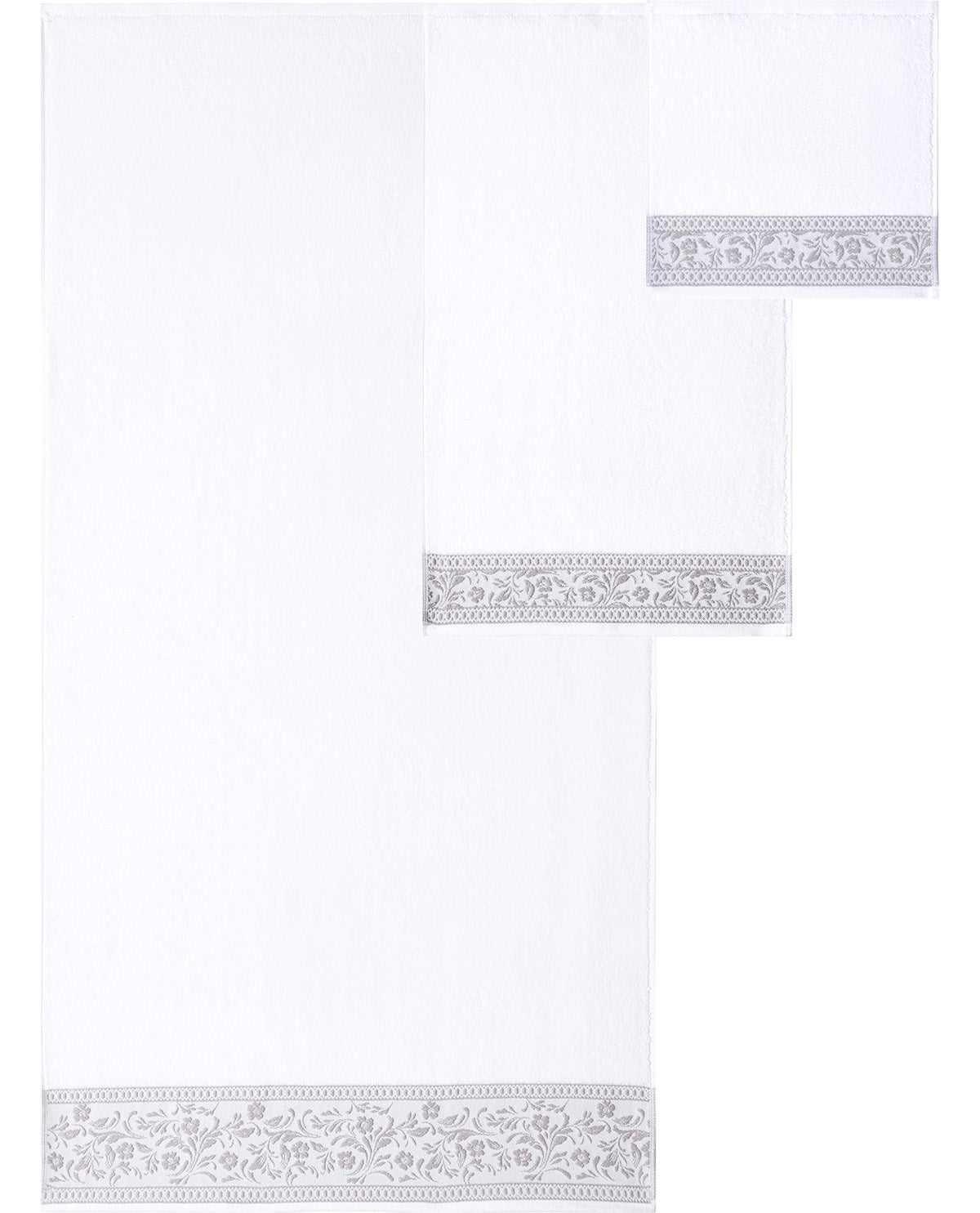 A set of three white towels with matching gray floral embroidered borders, arranged in a cascading layout on a plain white background.