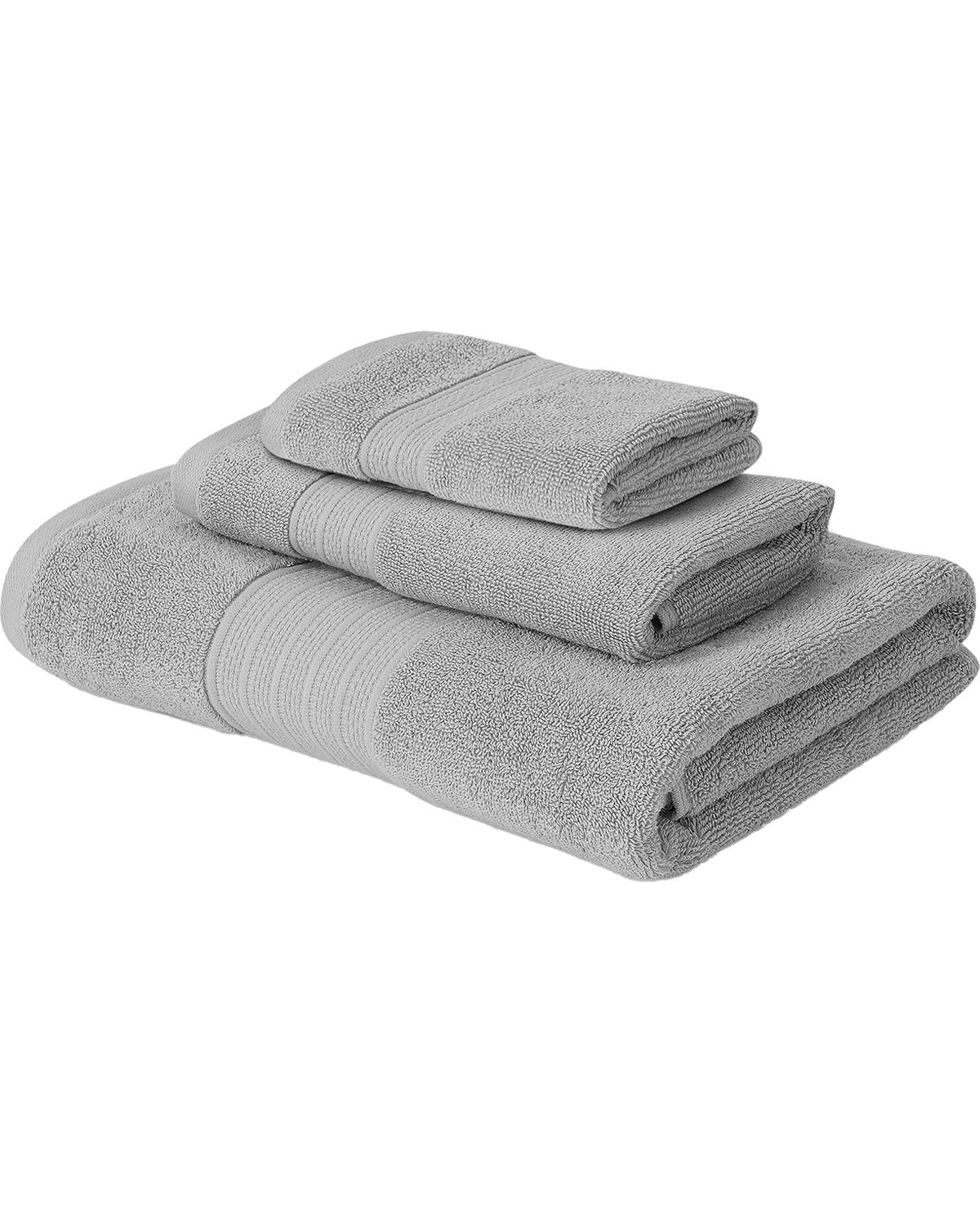 A set of three folded bath towels in a muted gray color, arranged by size on a plain white background.