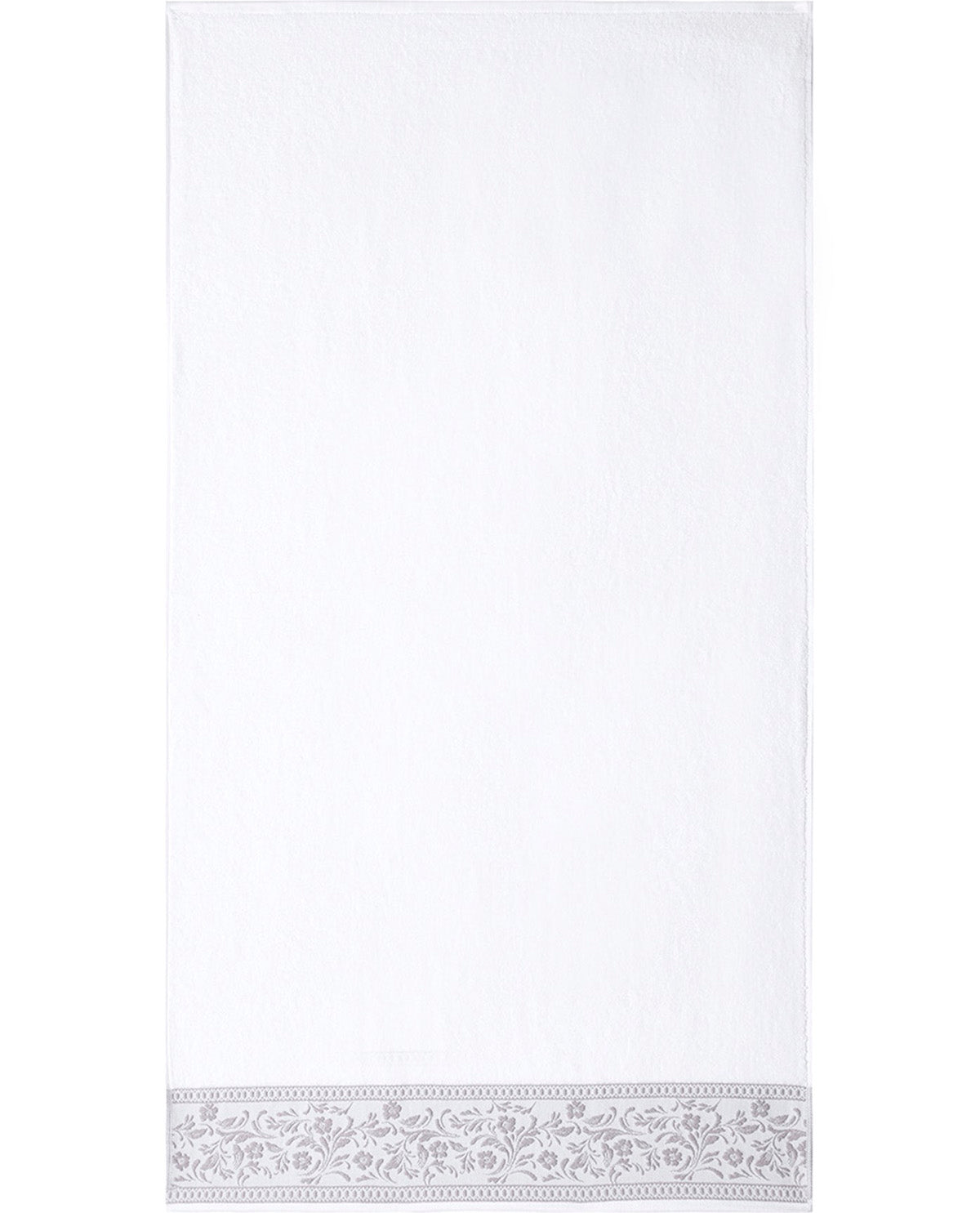 A white rectangular towel with a decorative embroidered border along the bottom edge, shown flat against a white background.