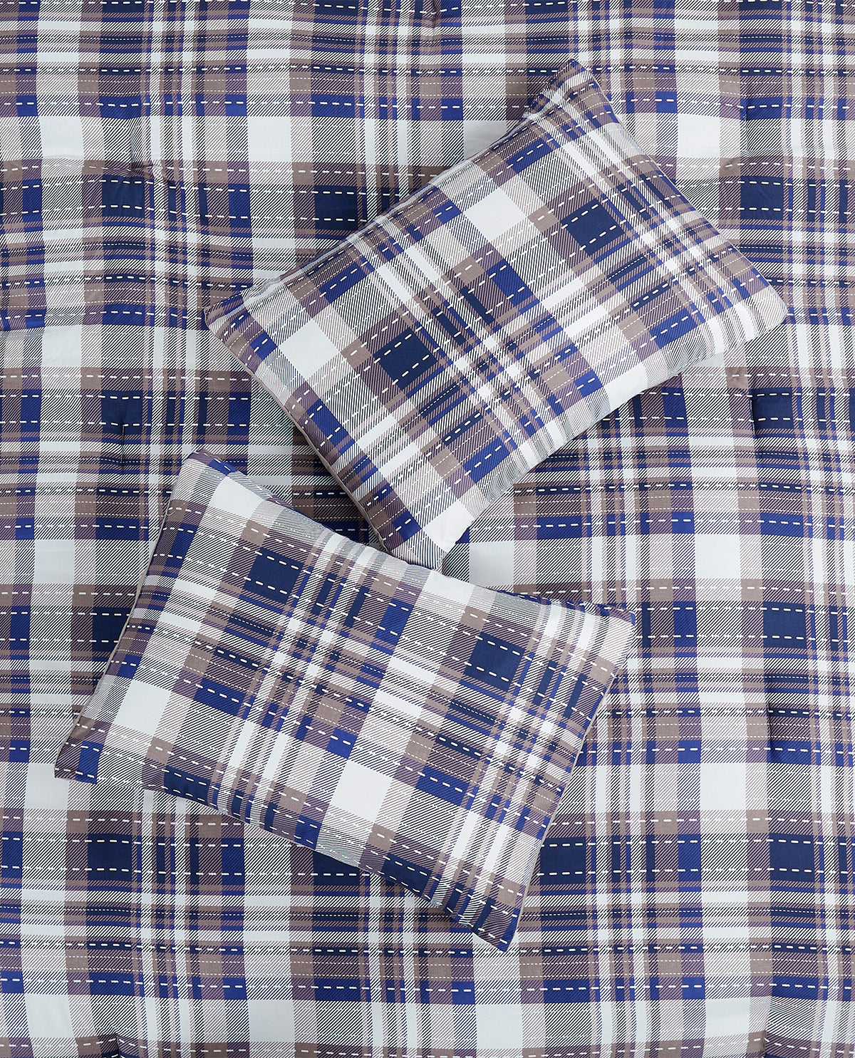 A plaid bedding set featuring a blue, white, and beige tartan pattern with stitched details, including a flat sheet and two matching pillowcases.