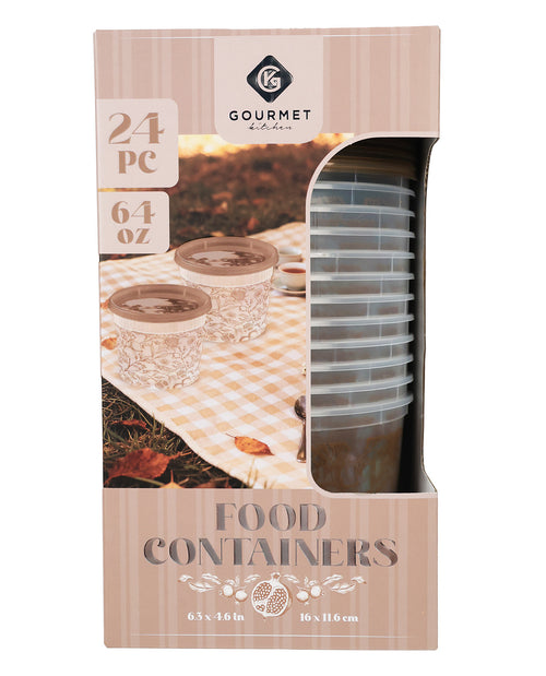 A 24-piece set of 6 oz clear plastic food containers with brown lids, packaged in a beige striped box with a photo of two glass tumblers on the front.
