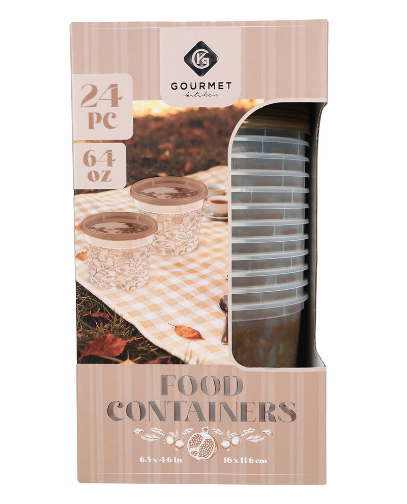 A 24-piece set of 6 oz clear plastic food containers with brown lids, packaged in a beige striped box with a photo of two glass tumblers on the front.