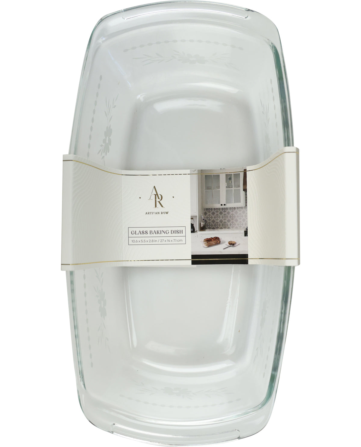 A clear glass baking dish with a white paper band label around the middle, photographed on a plain white background.