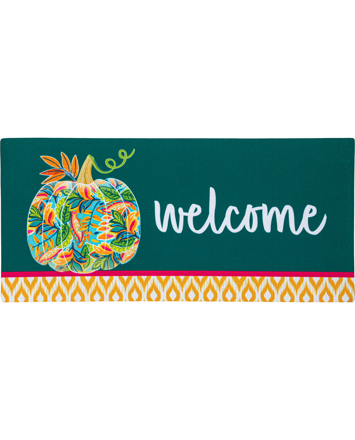 A rectangular decorative sign or mat with a dark teal background, a colorful patterned pumpkin on the left, the word "welcome" in white script on the right, and a bright orange and yellow geometric border along the bottom.